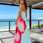 Blue Big Floral Print Strapless Pleated Maxi Dress