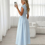 Blue White Vertical Stripe Collar Cap Sleeve Button Midi Dress