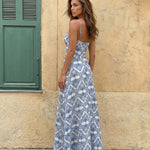 Blue Print Wrap V Neck High Slit Maxi Dress