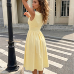 Pastel Yellow Lace Trim V-Neck Fitted Waist Flared Midi Dress