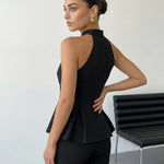 Black Solid Halter Neck Sleeveless Peplum Blouse