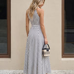 Black White Mixed Stripe Collared Sleeveless High Waist Maxi Dress