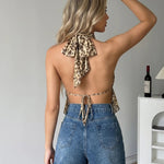 Leopard Print Halter Choker Deep Cutout Ruffle Asymmetrical Hem Mesh Cami Top