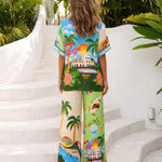 Tropical Print Short Sleeve Shirt and Wide Leg Pants Set