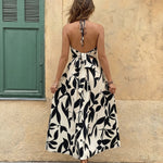 Beige Leaf Print Halter Neck Cutout Midi Dress