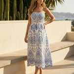 Blue Printed Strapless Smocked Waist Midi Dress