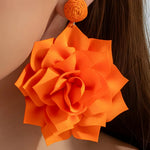 Orange Large Fabric Rose Statement Drop Earrings