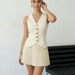 White V Neck Sleeveless Vest And Pleated Skirt Set