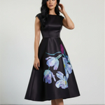 Black Floral Print Cap Sleeve Midi Dress