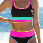 Color Contrast Patchwork Nylon Sporty 3 Piece Bikini Sets