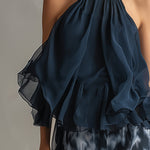 Séverine™ | Elegant navy halter neck top with printed wide-leg trousers