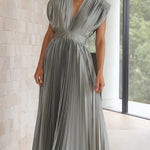 Elegant Satin Pleated V-neck Flowing Midi Dress