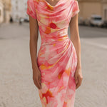 Ava Brown | Floral Cowl Neck Bodycon Midi Dress For Women