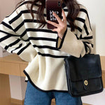 Round Neck Striped Sweater Top Loose Side Slit Pullover Sweater