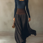 Navy Ribbed Knit Top And Waist Color Block Pleated Maxi Skirt Set