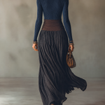 Navy Ribbed Knit Top And Waist Color Block Pleated Maxi Skirt Set