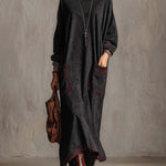 Black Faux Suede Maxi Dress With Red Contrast Stitching And Patch Pockets