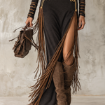 Black Stand Collar Zip Front Gold Embroidery High Slit Fringe Maxi Dress