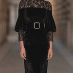 Black Round Neck Lace Patchwork Velvet Puff Sleeve Midi Dress With Square Pearl Buckle Waist Belt