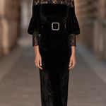 Black Round Neck Lace Patchwork Velvet Puff Sleeve Midi Dress With Square Pearl Buckle Waist Belt