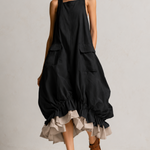 Black Sleeveless Big Pockets Layered Ruffle Hem Bubble Midi Dress