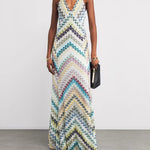 Herringbone Crocheted Print Spaghetti Strap V-neck Camisole Maxi Dress