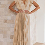 Elegant Satin Pleated V-neck Flowing Midi Dress