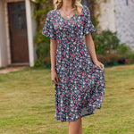 Zeagoo Damen Elegant V-Ausschnitt Kleider A Linie Kurzarm Freizeitkleid (DE Only)