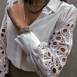 Zeagoo Elegant Lace V-NeckShirt Solid Color Hollow Out Long Sleeve Patchwork Blouse