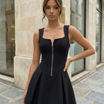 Black Gold Zipper Corset Waist Pleated Mini Party Dress