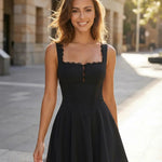 Black Lace Trim Corset Waist Flared Mini Party Dress