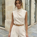 Beige Draped High Neck Sleeveless Top Tailored Shorts Casual Set