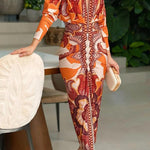 Unique Print Dolman Long Sleeve Ruched Slit Midi Dress