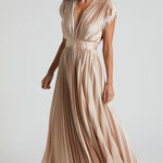Elegant Satin Pleated V-neck Flowing Midi Dress