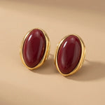 Gold Elongated Burgundy Cabochon Stud Earrings