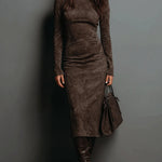 SERAPHINA HIGH NECK LONG SLEEVE SUEDE MIDI DRESS