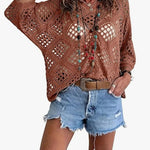 Bohemian V-neck Diamond-patterned Openwork Batwing Sleeve Knit Top