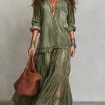 Blue Faux Denim Shirt Collar With Sheer Pockets Maxi Dress