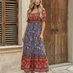 Floral Print Square Neck  Puff Sleeves Smocked  Maxi Dress