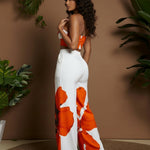 Floral Print One Shoulder Crop Top  Wide Leg Pants Set