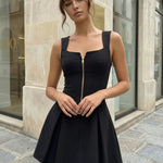 Black Gold Zipper Corset Waist Pleated Mini Party Dress