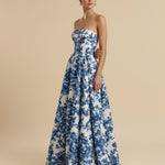 White Blue Floral Print Strapless Structured Bodice A-Line Maxi Dress