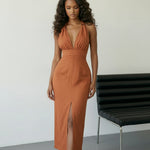Halter Deep V-Neck Backless Split Midi Dress