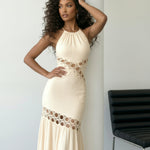 Cream Halter Neck  Crochet Ring Detail Maxi Dress