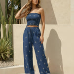 Blue Print Smocked Tube Top Wide Leg Pants Set