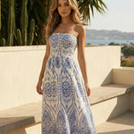Blue Printed Strapless Smocked Waist Midi Dress
