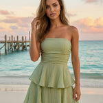 Sage Green Tiered Crinkled Fabric Slim Fit Maxi Dress