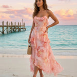 Pink Watercolor Floral Print Tiered Ruffle Chiffon Maxi Dress