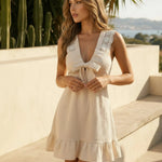 Beige Textured Bow Front Lace Detail Mini Dress