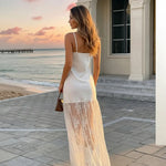 Elegant White Satin  V-Neck Sheer Lace Trim Maxi Dress